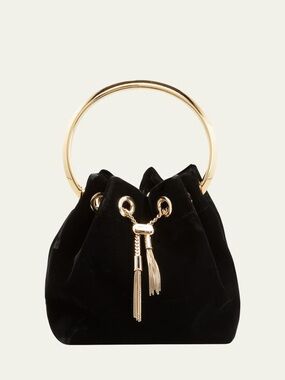 Jimmy Choo Black Velvet Bucket Bag with Gold Ring Handle Bon Bon Velvet Mini Bag